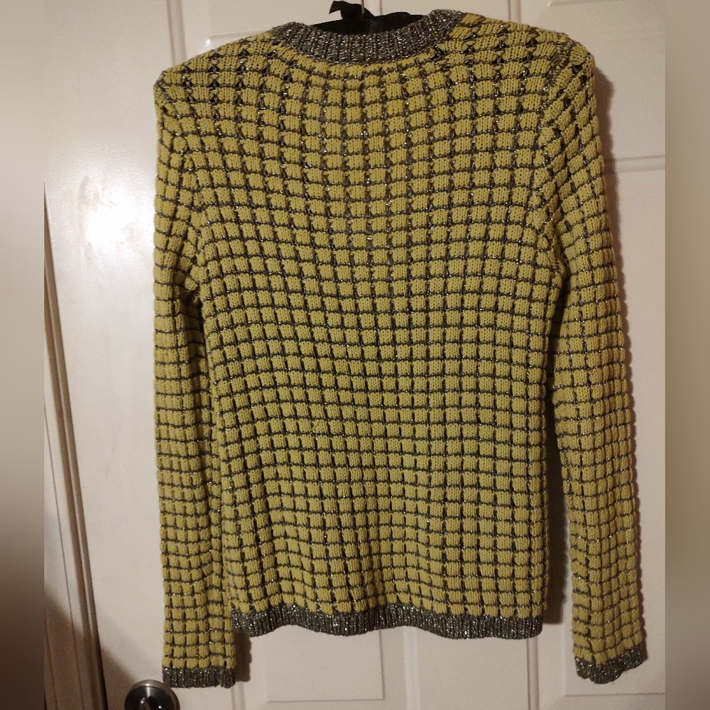 🌿🩶🌿 Gorgeous Chartreuse & Silver Metallic Open Weave Tie Cardigan - S - Picture 7 of 16